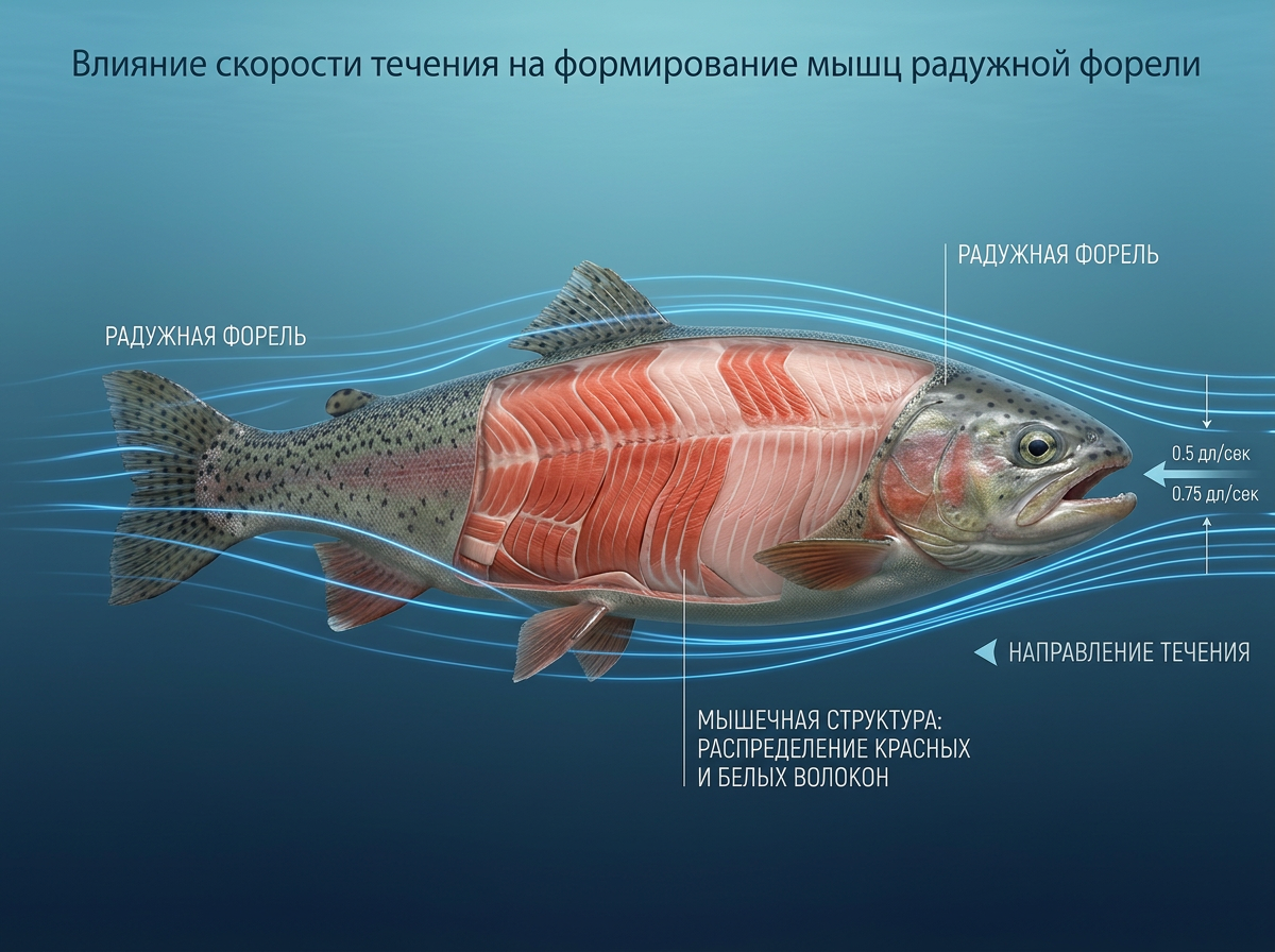 Есть у радужной форели особенность, о которой редко задумываются. Её мышцы зависят от воды не только химически, но и механически.